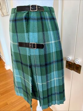 Vintage Green Plaid Wool Kilt-Style Skirt
